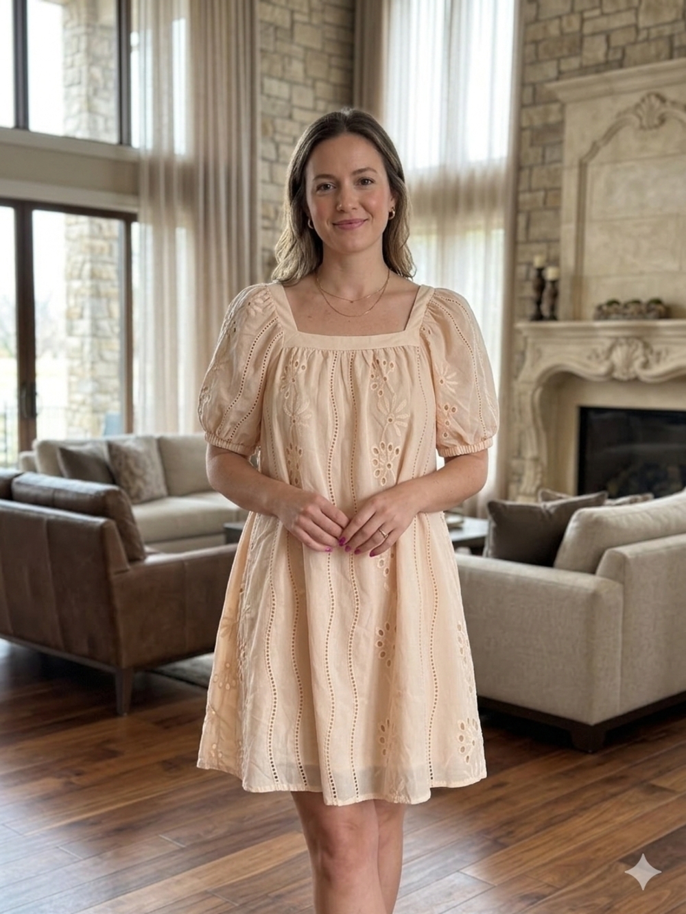Emery Rose Women's Eyelet Eggshell Beige Lined Dress With Pockets Size L  NWT